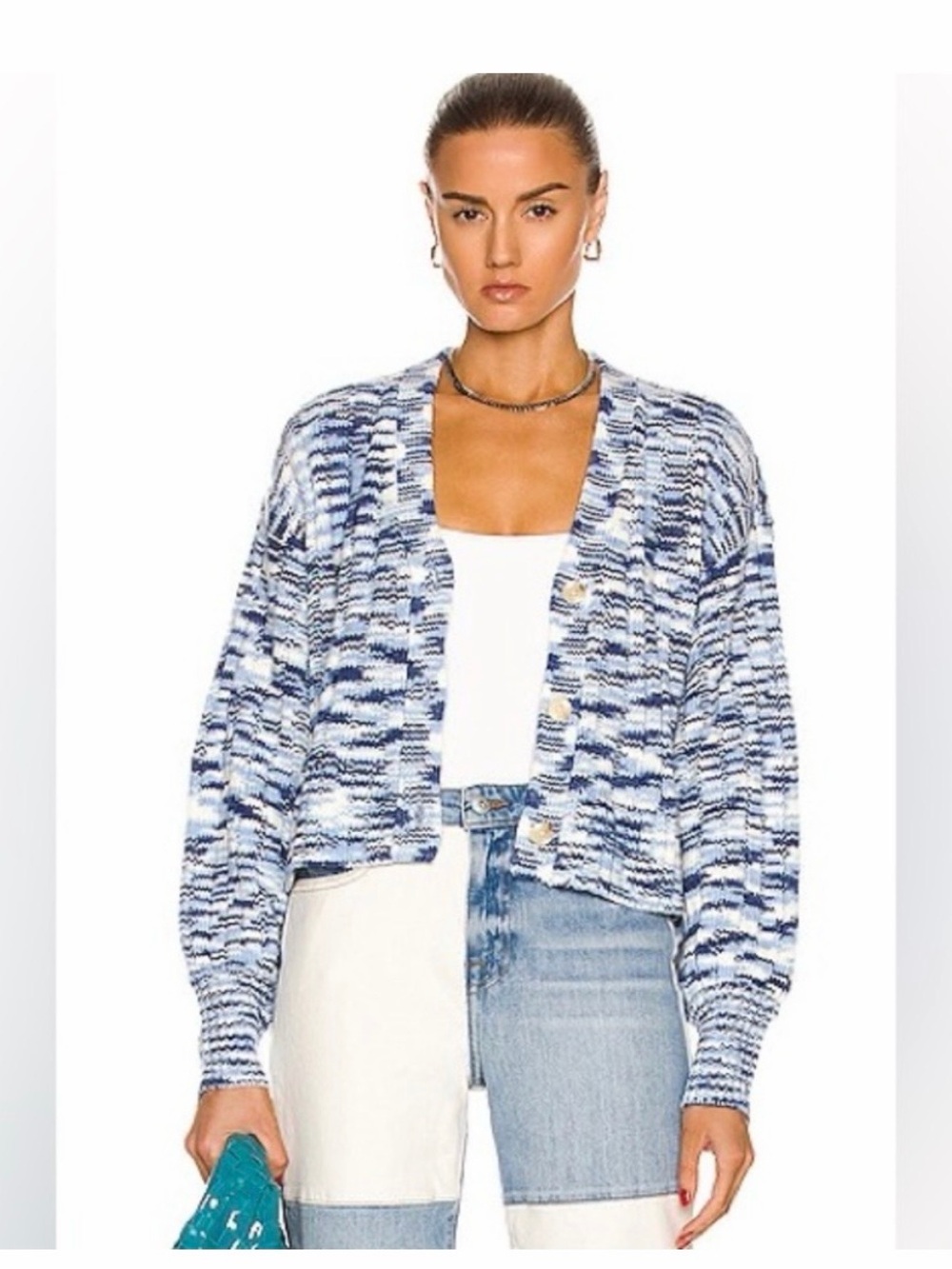 Staud Eloise Blue & White Cardigan Sweater